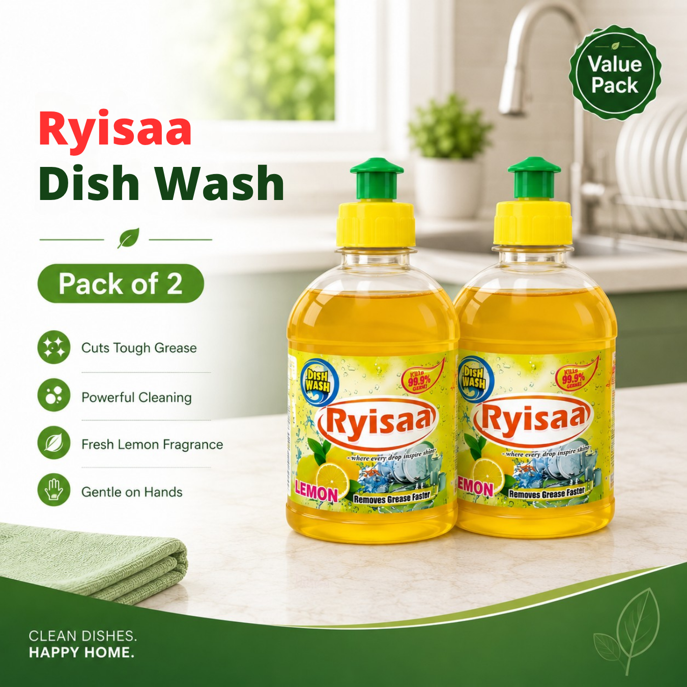 Ryisaa Lemon Extract Dishwashing Liquid - Pack of 2